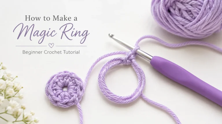 Open crochet magic ring beside a closed six-single-crochet ring with hook and yarn.