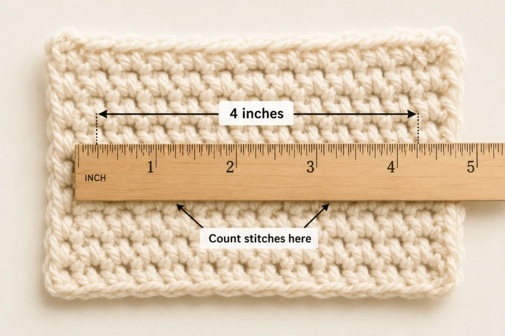 Crochet swatch measured across four inches with a ruler
