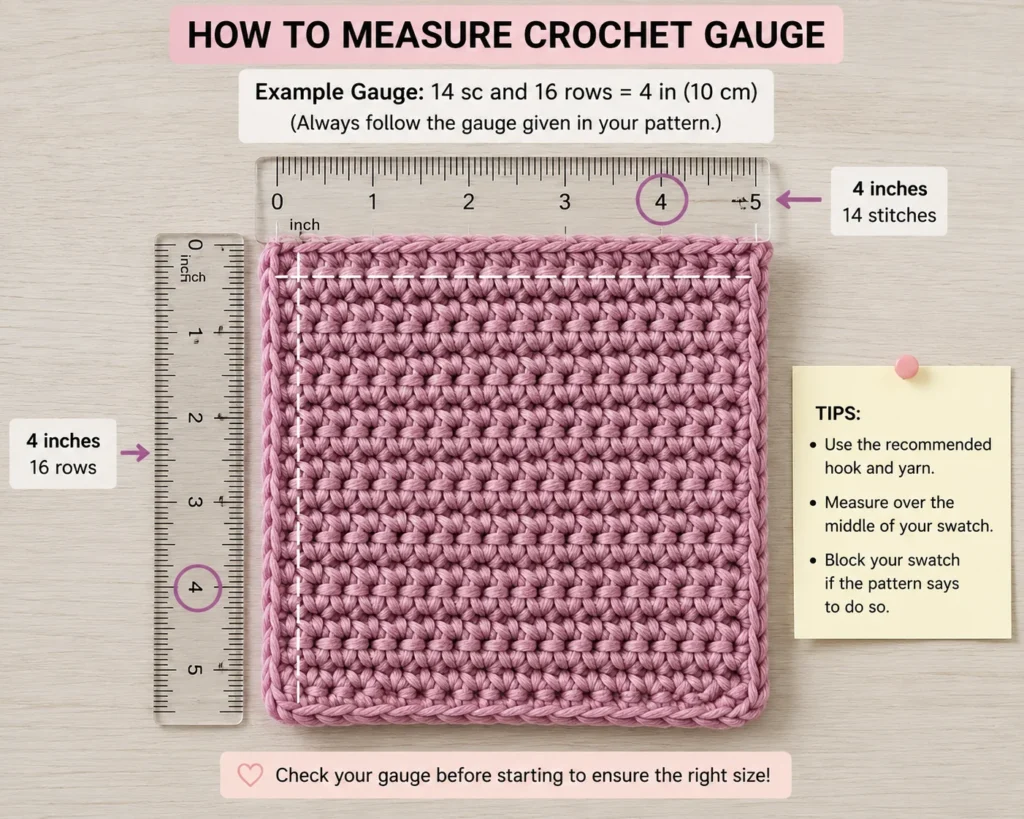 Crochet swatch measured horizontally and vertically over a 4-inch section