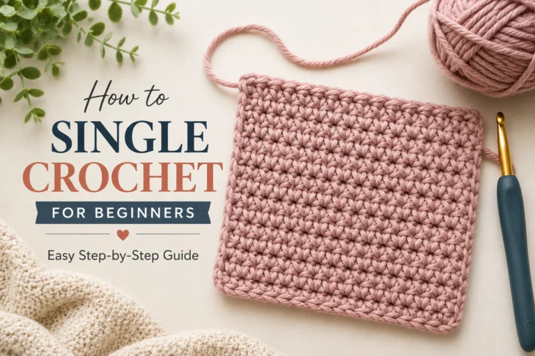 Single crochet swatch with pink yarn and crochet hook for beginners