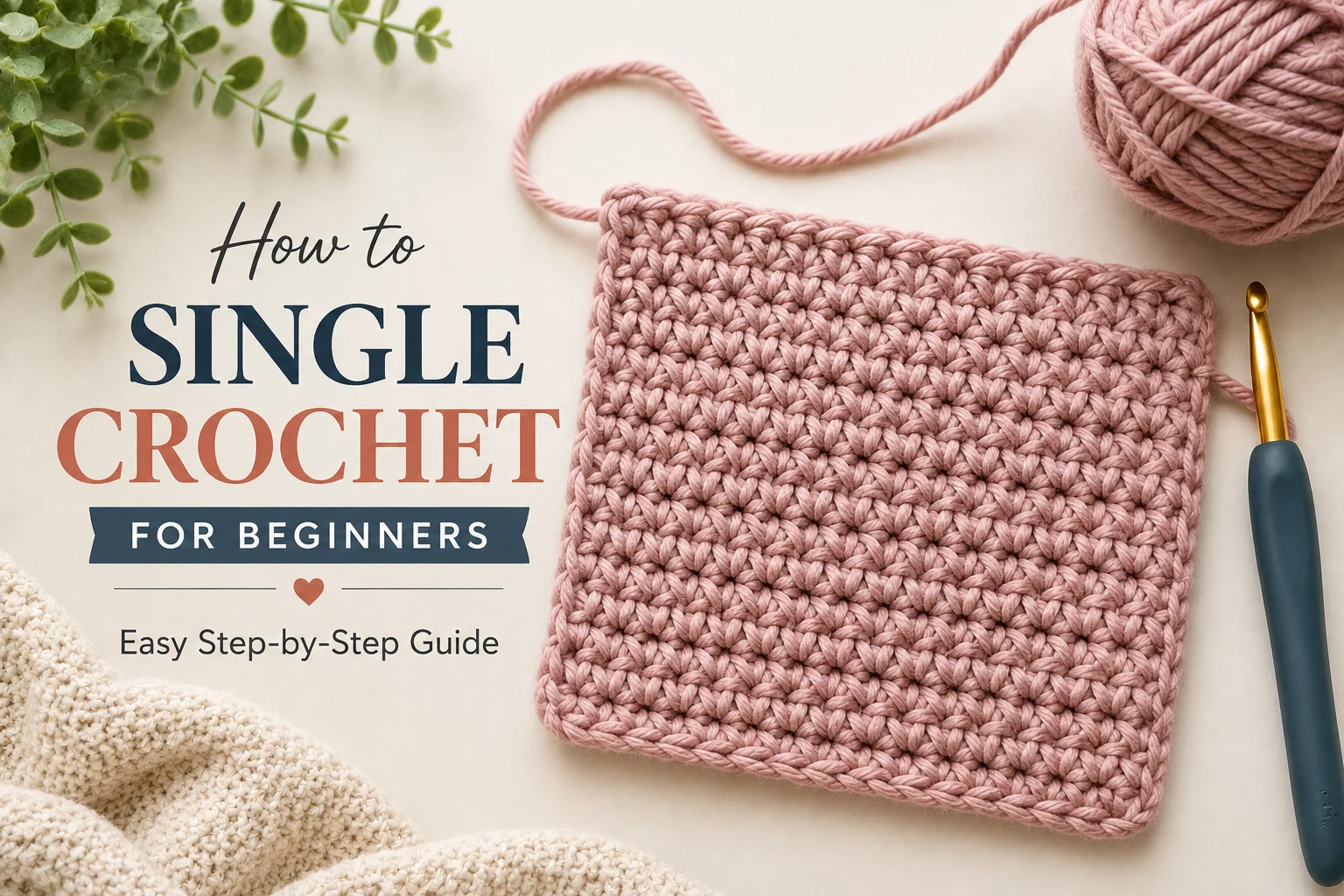 Single crochet swatch with pink yarn and crochet hook for beginners