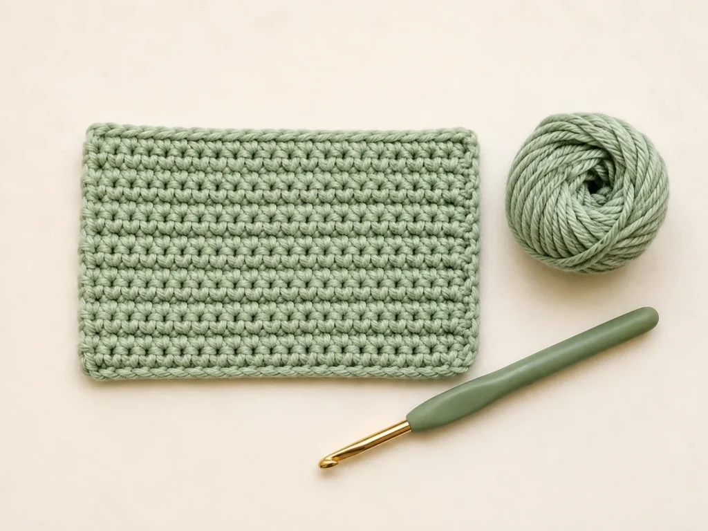 Single crochet swatch with crochet hook and yarn for beginner practice