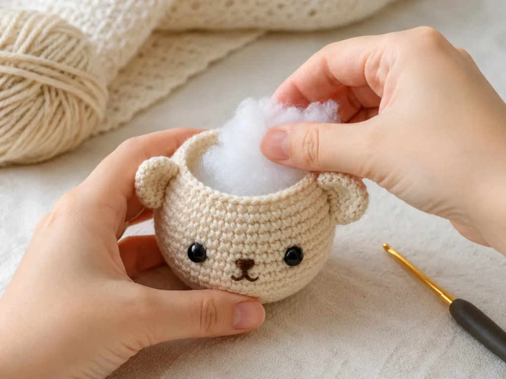 Hands adding polyester fiberfill stuffing to a crocheted amigurumi bear.