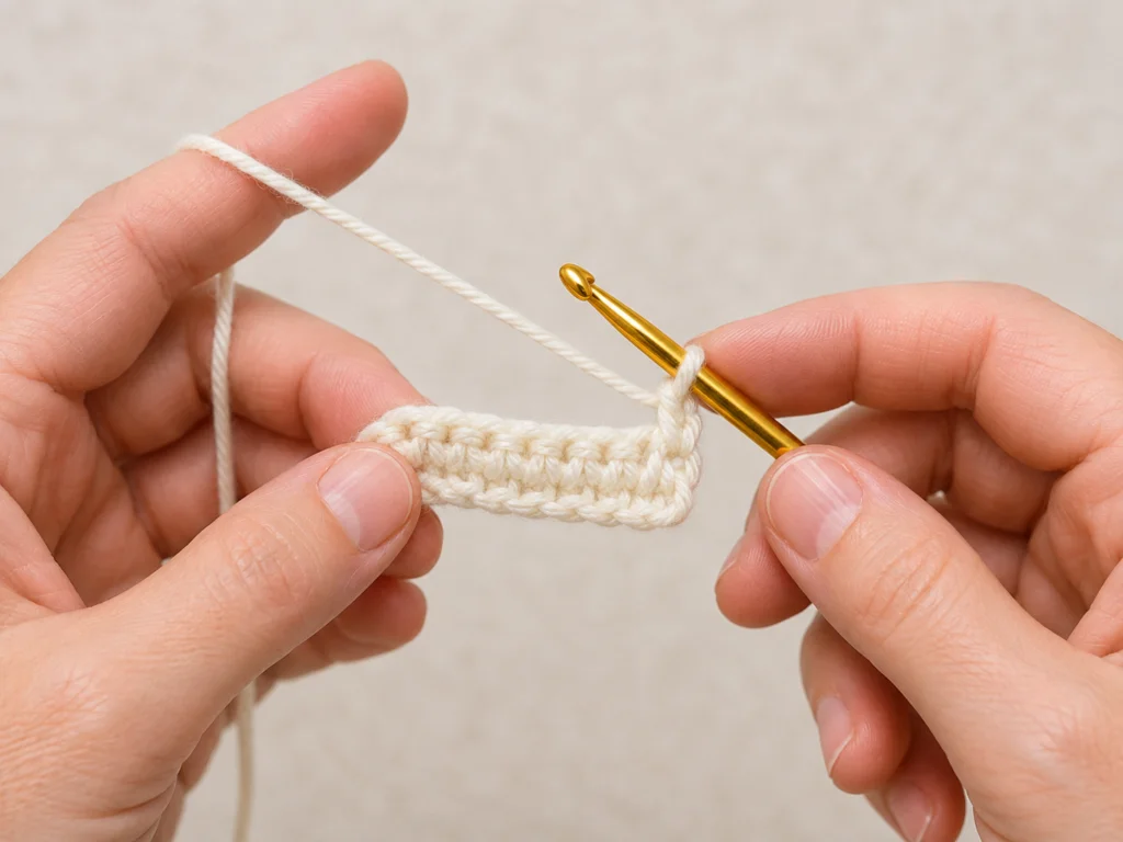 Hands holding a crochet swatch with a turning chain ready to begin the next row.