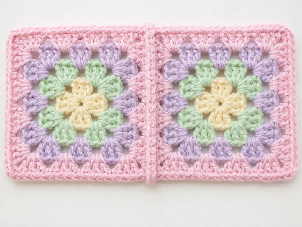 Two pastel granny squares joined with a neat pink crochet seam