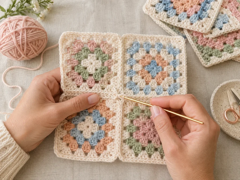 Hands joining colorful granny squares with a crochet hook to create a larger crochet piece