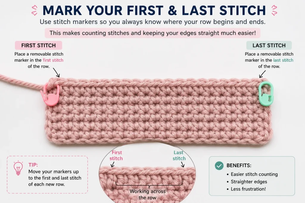 Removable stitch markers placed in the first and last stitches of a crochet row
