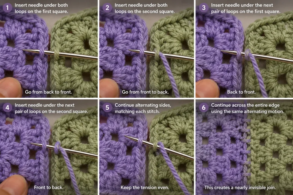 Six-step tutorial showing how to join granny squares with mattress stitch