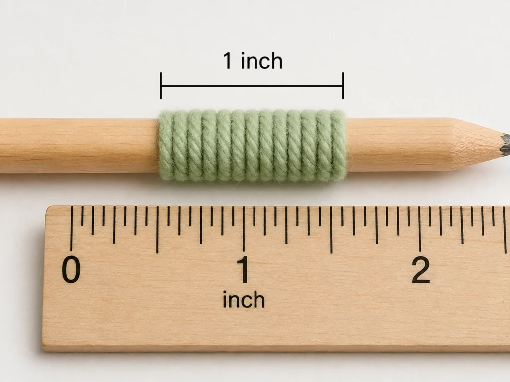 Yarn wrapped evenly to measure wraps per inch