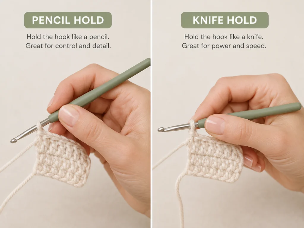 Comparison of pencil hold and knife hold methods for holding a crochet hook.