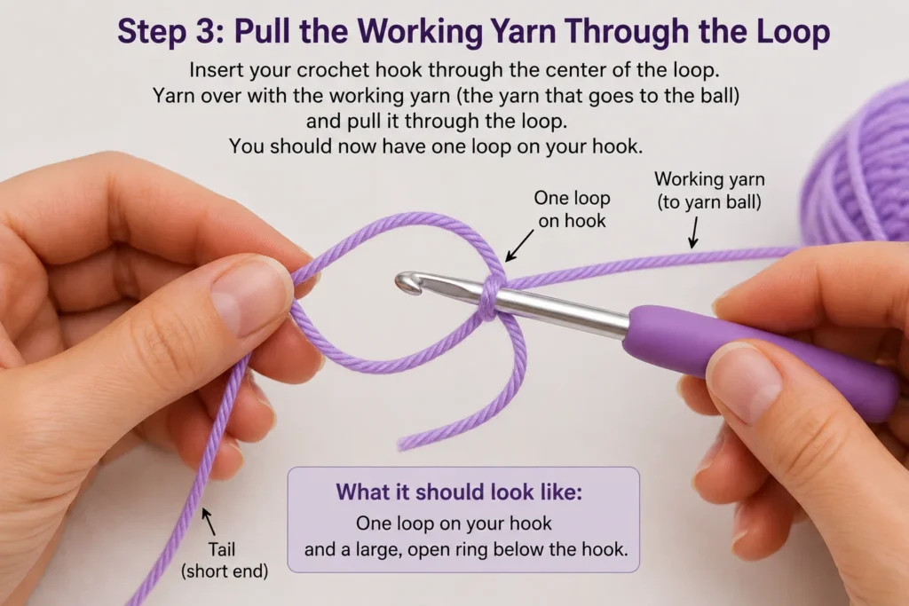 Crochet hook pulling working yarn through an adjustable loop