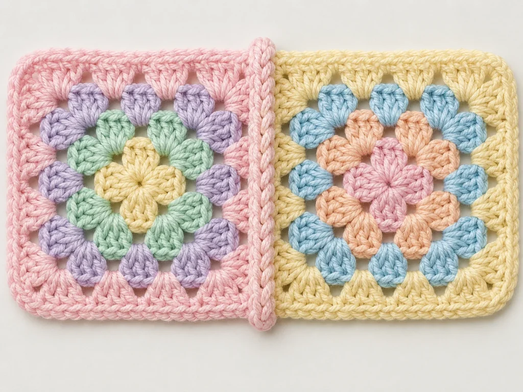 Two colorful granny squares joined with a raised decorative crochet seam