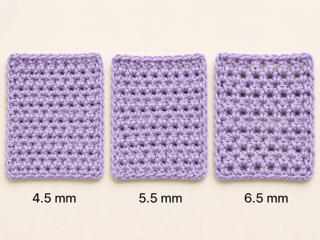 Same medium yarn crocheted with 4.5 mm, 5.5 mm, and 6.5 mm hooks