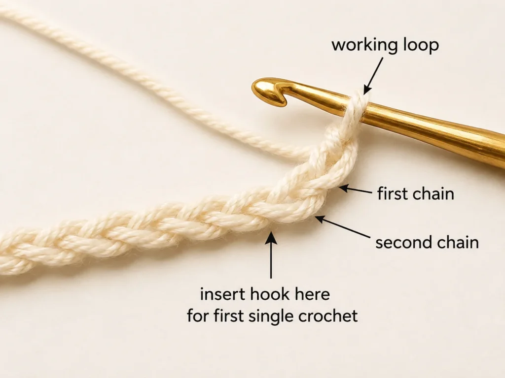 Second chain from the crochet hook highlighted for the first single crochet stitch