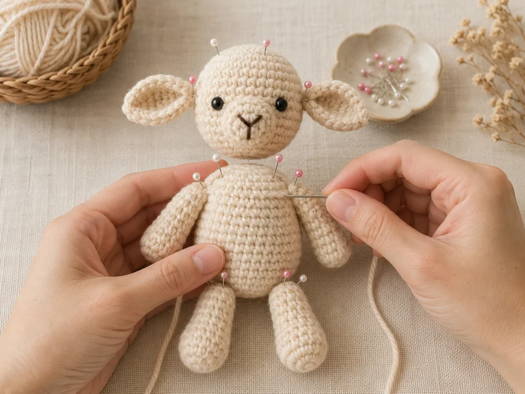 Hands sewing the pinned arms, legs, and head onto a crocheted amigurumi bear.