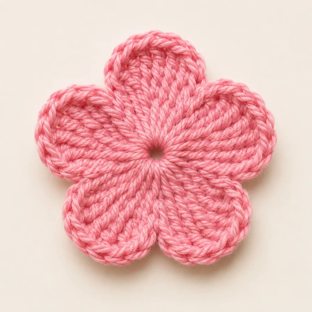Simple pink five-petal crochet flower made with double crochet stitches