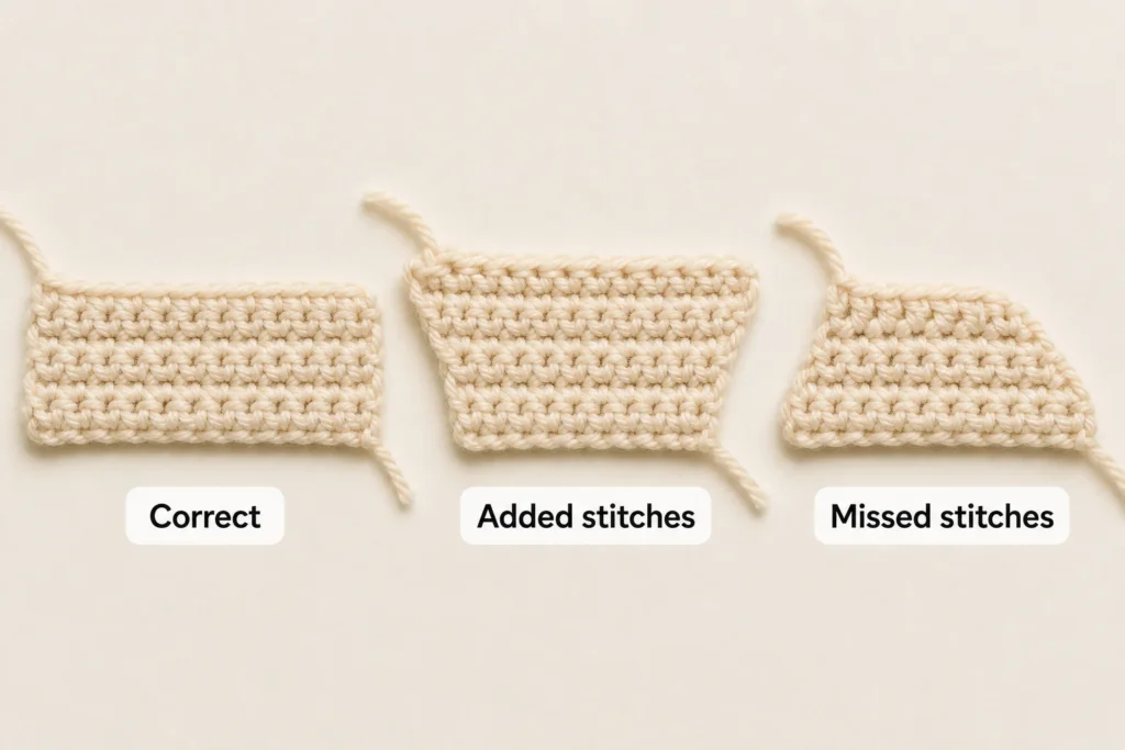 Straight, widening, and narrowing single crochet swatches compared side by side