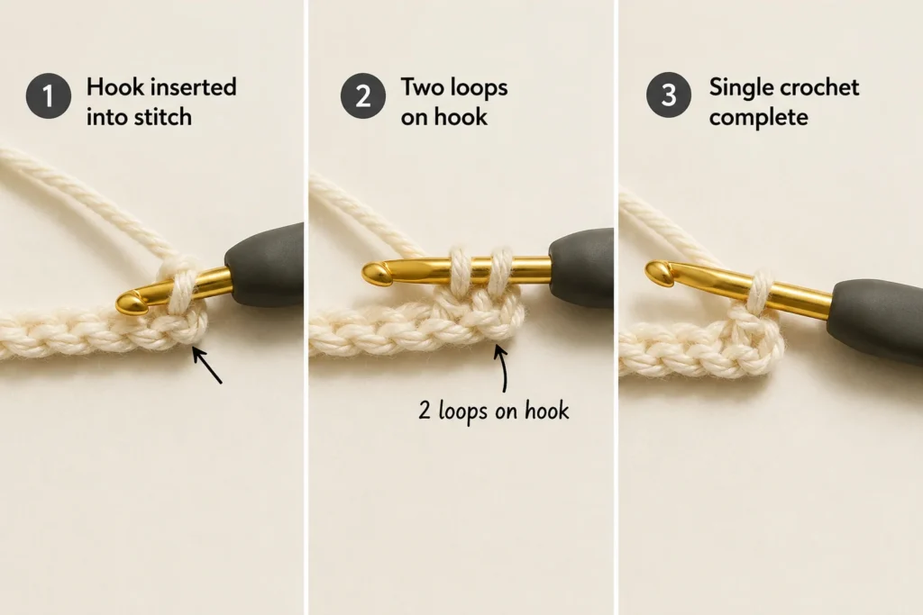 Three steps showing how to complete a single crochet stitch