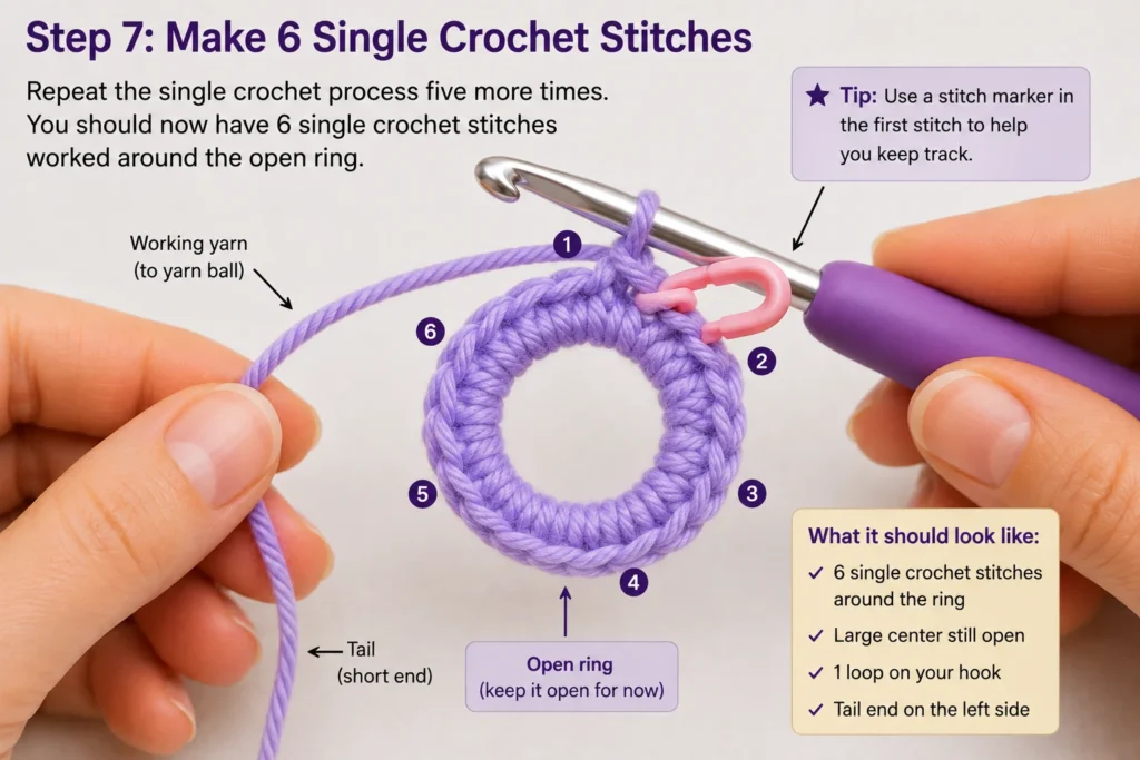 Six single crochet stitches around an open magic ring