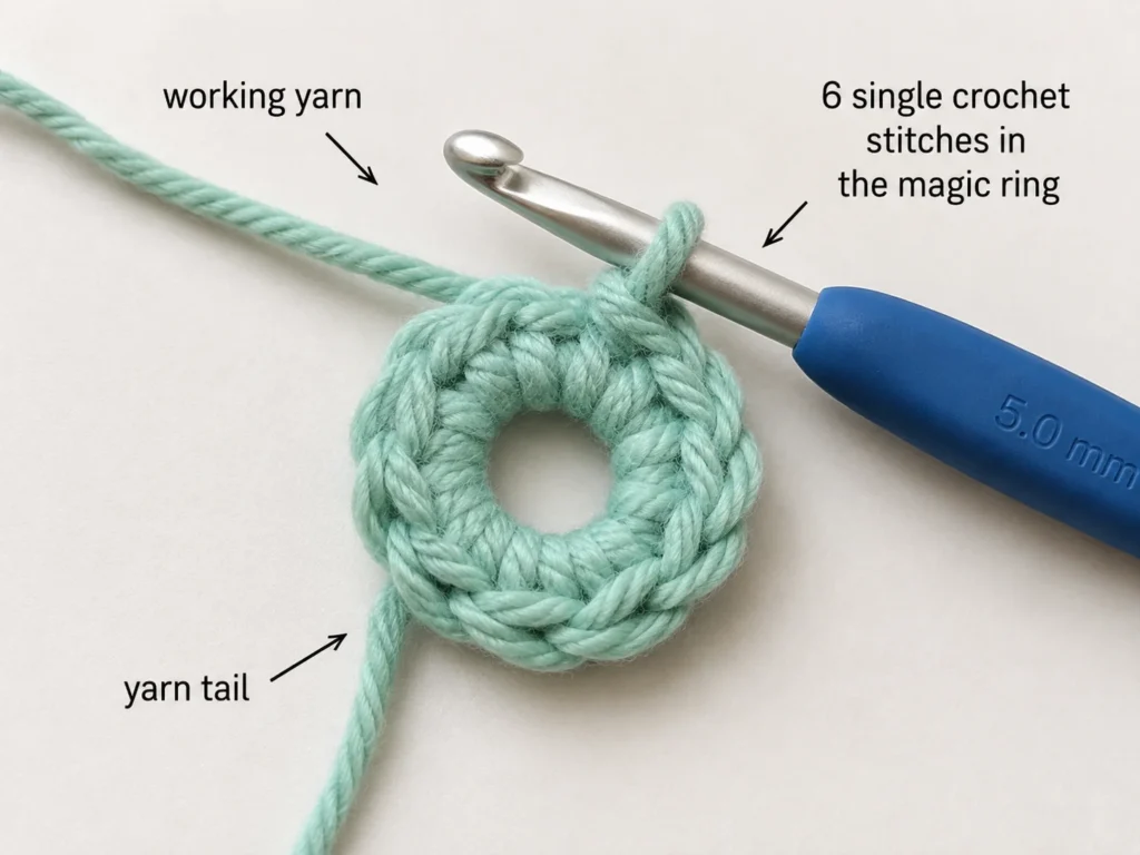 Six single crochet stitches worked into a magic ring