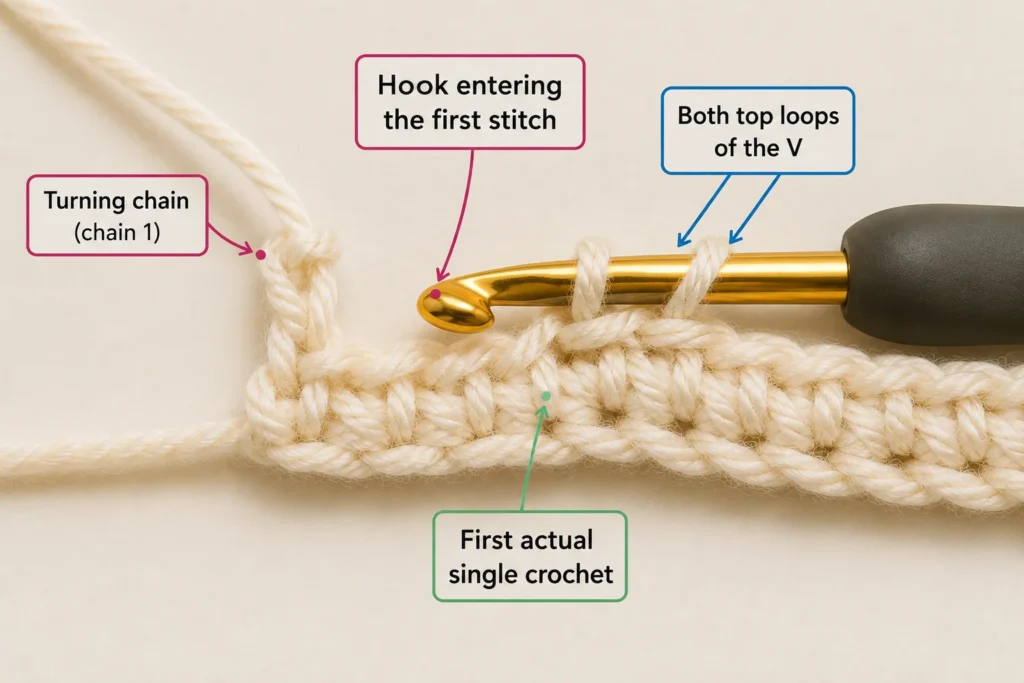 Hook entering the first stitch after chain one and turning a single crochet row