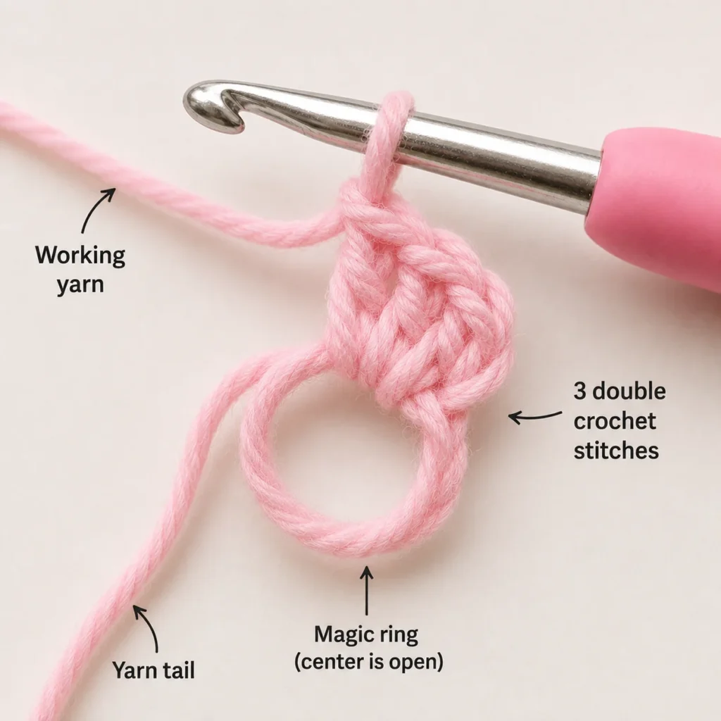 Three double crochet stitches worked inside an open magic ring
