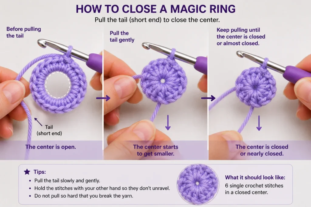 Yarn tail being pulled to close the center of a crochet ring
