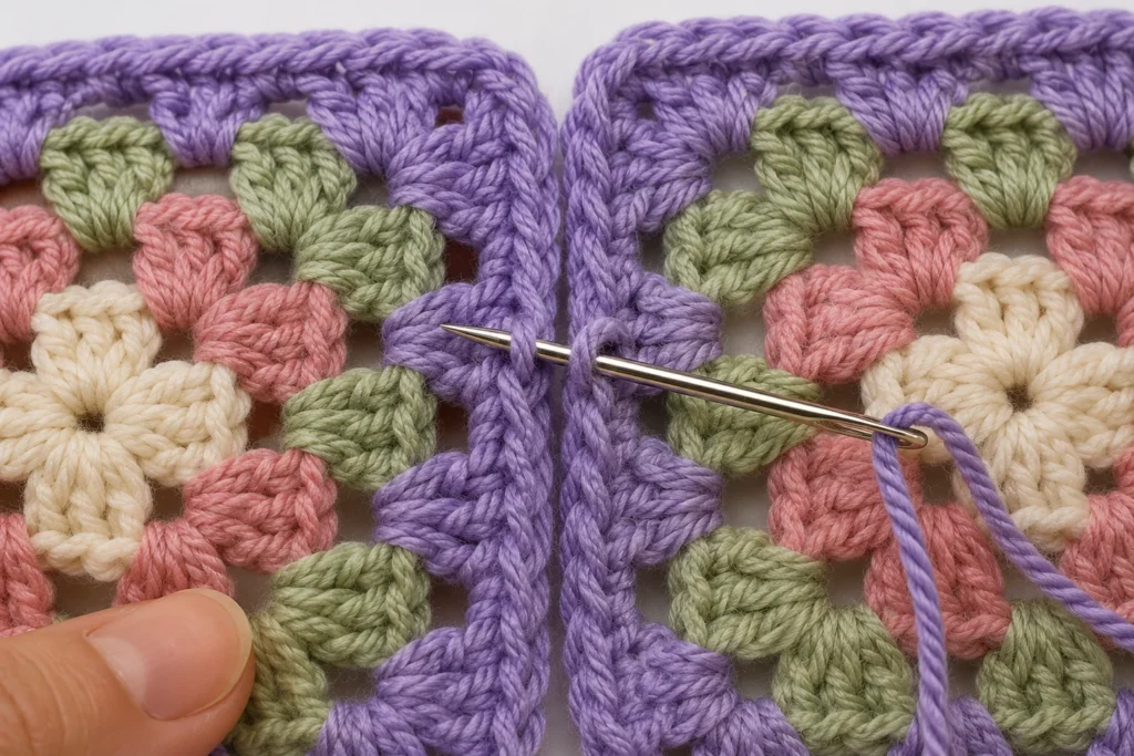 Close-up of a yarn needle joining the matching edge loops of two granny squares