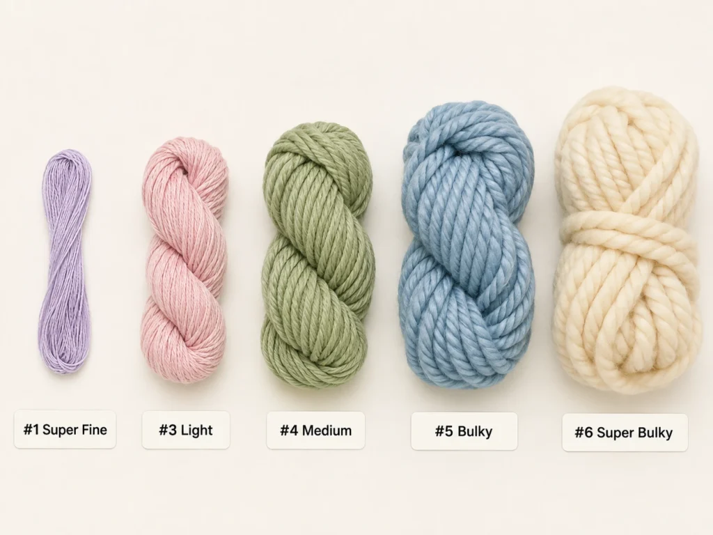 Different yarn weights arranged from super fine to super bulky