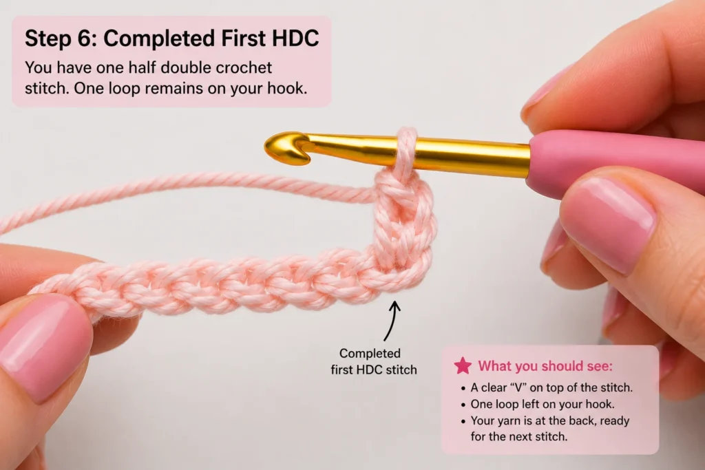 Completed first half double crochet stitch