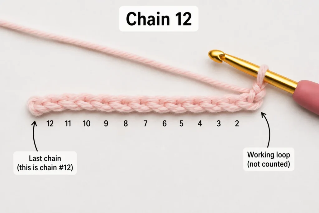 Foundation chain of 12 stitches for half double crochet