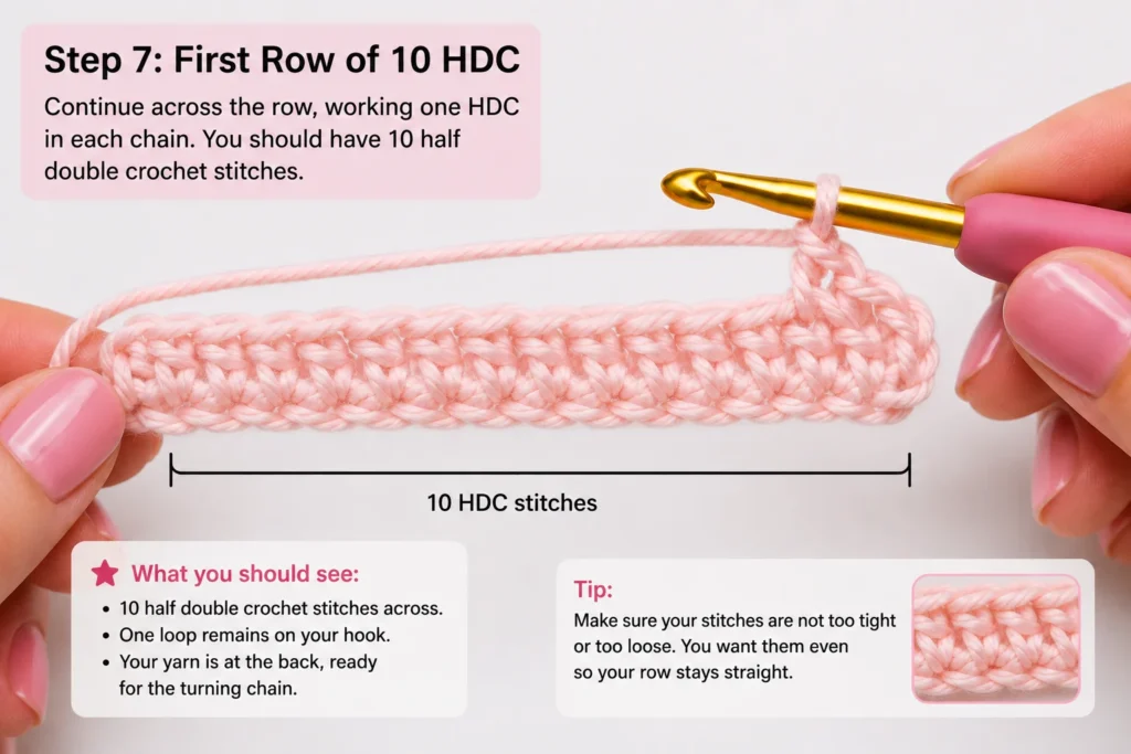 First row of 10 half double crochet stitches