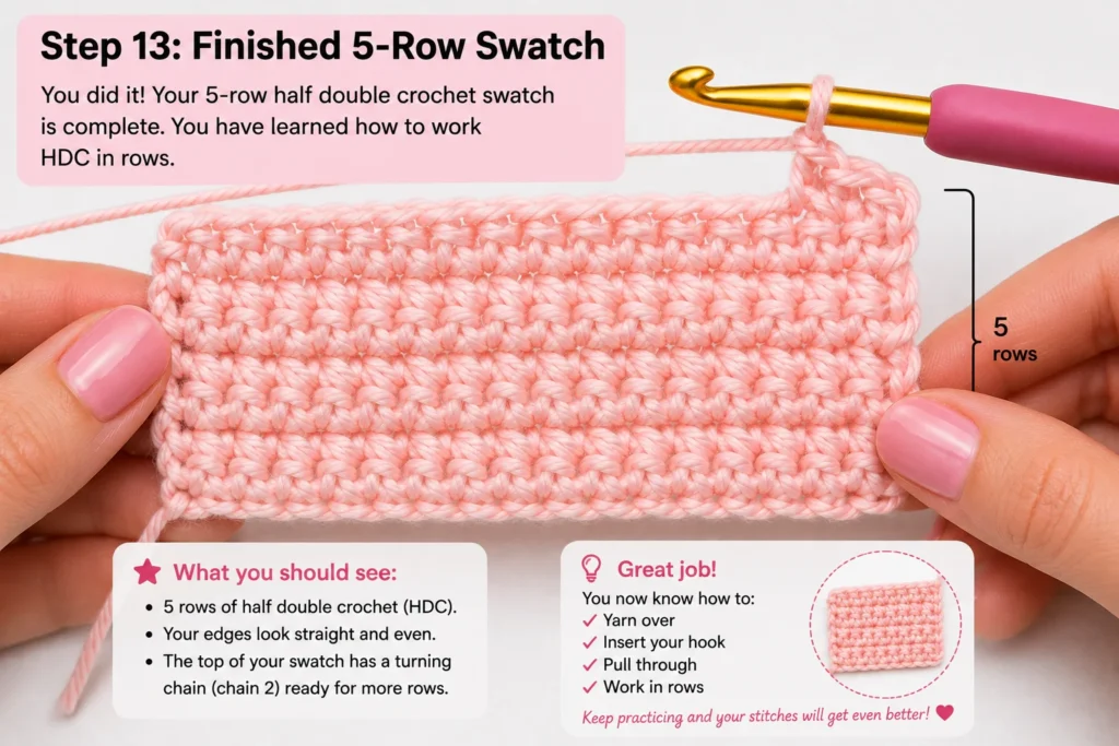 Five-row half double crochet practice swatch with straight edges
