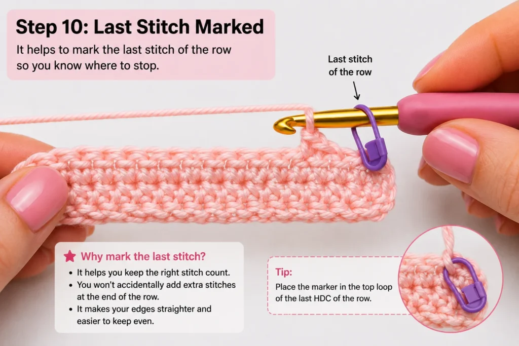 Last half double crochet stitch at edge of row