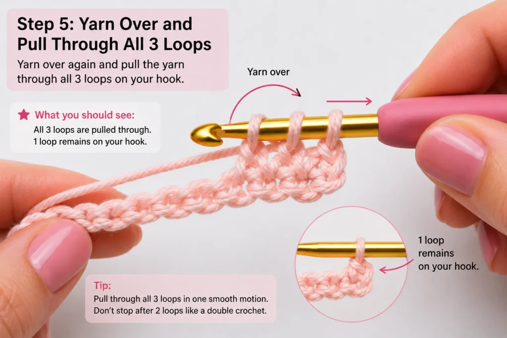 Yarn pulled through all three loops to complete half double crochet