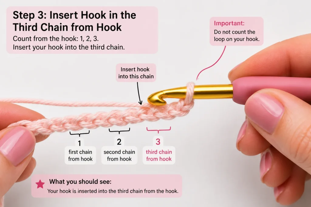 Hook inserted into third chain from the hook for half double crochet