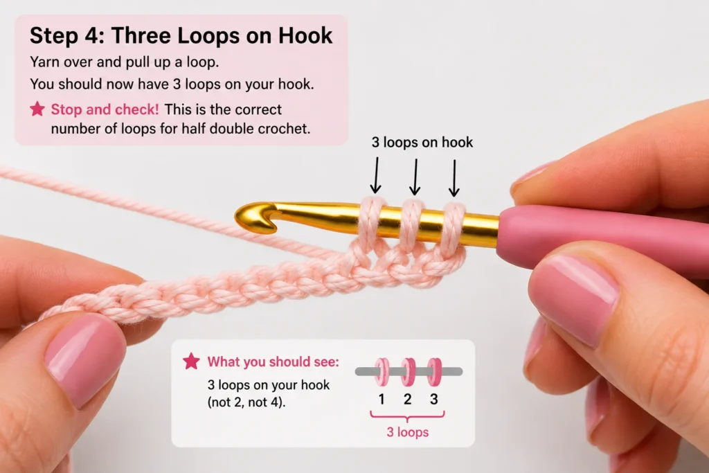 Three loops on crochet hook while making half double crochet
