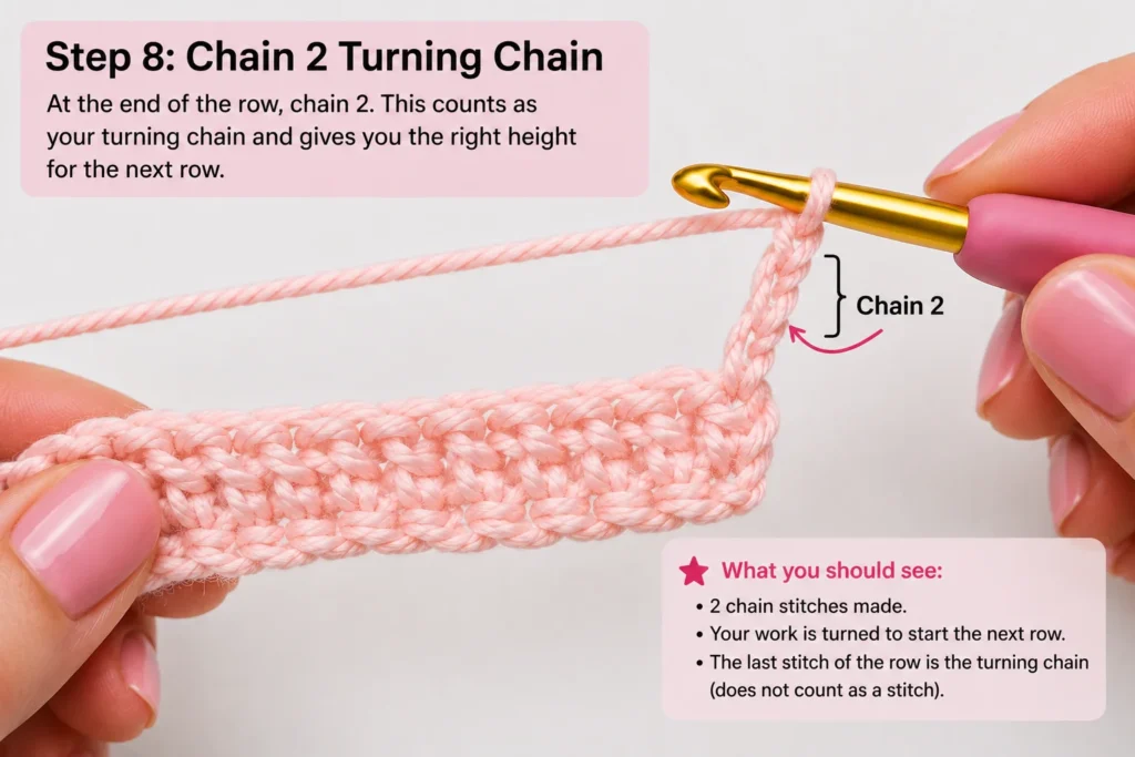 Chain two turning chain for half double crochet